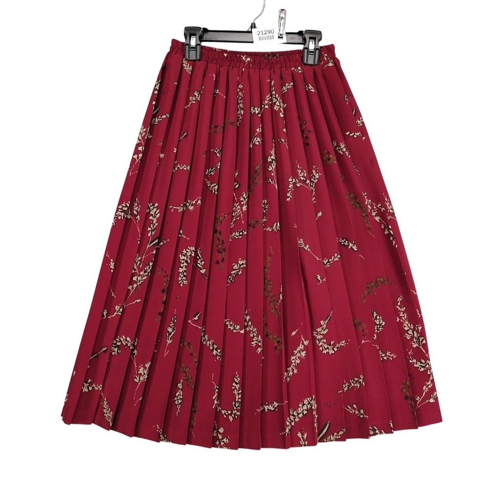 Vintage Leslie Fay Pleated Midi Skirt Size‎ 8P Elastic Waist Red Floral Preppy